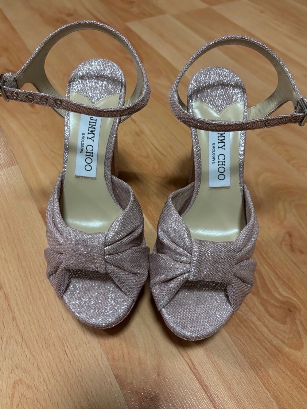 NWOT. Jimmy Choo Metallic Blush Bow Platform Sandals